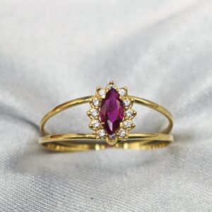 Anel  Ouro18K Zircônia Navete Vermelha